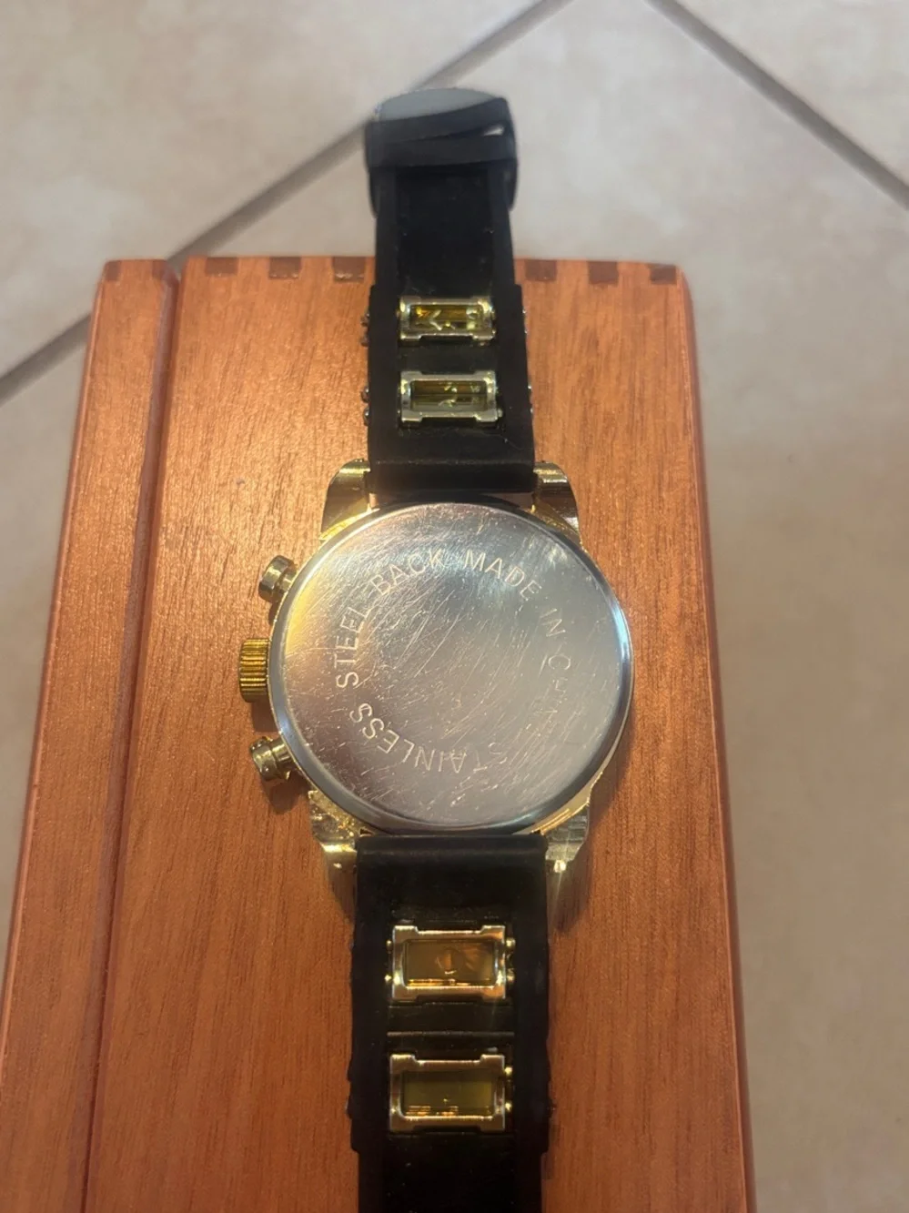 Gold Dial Black Strap Chronograph-Style Wristwatch